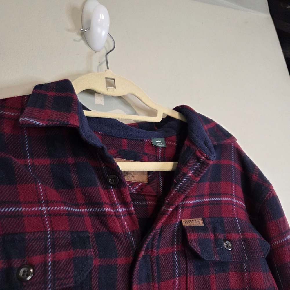 Orvis Men Medium Flannel Shirt Burgundy Navy Plaid Heavyweight Button Down
